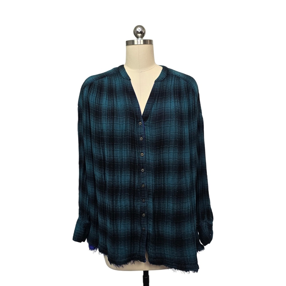 Free People Teal Black Plaid Oversized Button Down V-Neck Top Raw Hem Women's XS